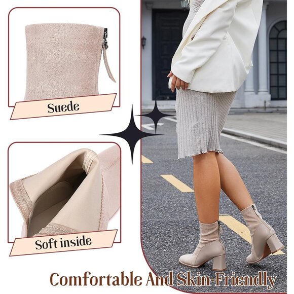 Women's Apricot Square Toe Low Block Heel Chelsea Back Zipper Mid Calf Booties - Picture 3 of 6